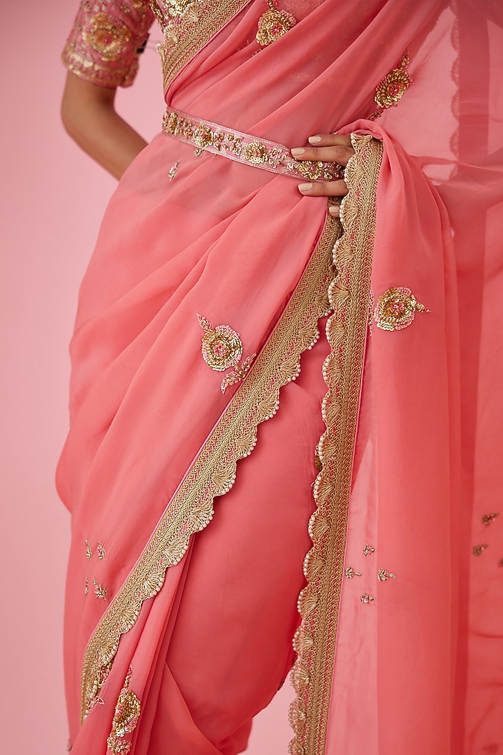 Coral Pink Organza Zardosi Embroidered Wedding Saree Set by Shyam Narayan Prasad at Pernia's Pop Up Shop