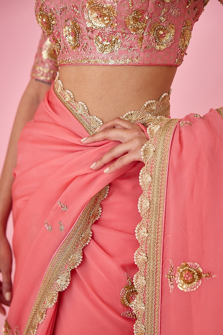 Coral Pink Organza Zardosi Embroidered Wedding Saree Set by Shyam Narayan Prasad at Pernia's Pop Up Shop