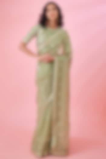 Fog Green Organza Embroidered Saree Set by Shyam Narayan Prasad