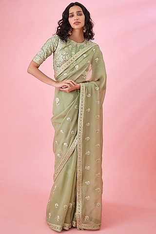 Fog Green Organza Embroidered Saree Set by Shyam Narayan Prasad