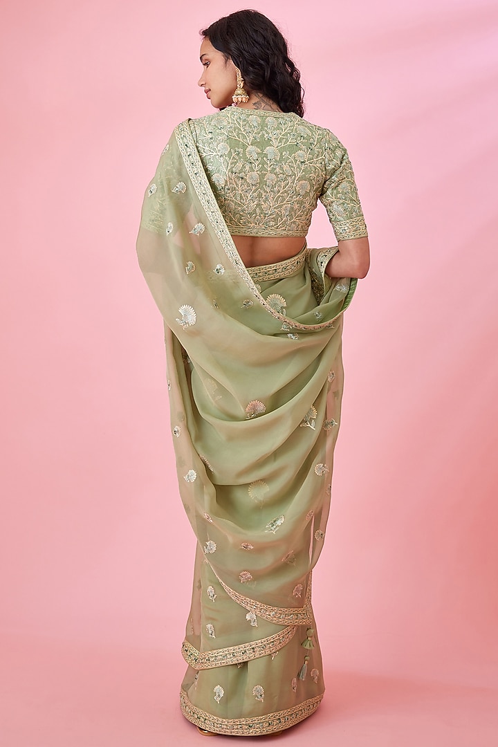 Fog Green Organza Embroidered Wedding Saree Set by Shyam Narayan Prasad at Pernia's Pop Up Shop