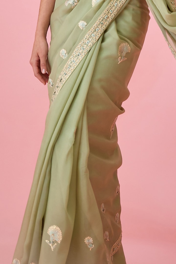 Fog Green Organza Embroidered Wedding Saree Set by Shyam Narayan Prasad at Pernia's Pop Up Shop
