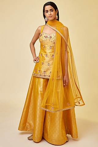 Spectra Yellow Brocade Sharara Set by Shyam Narayan Prasad