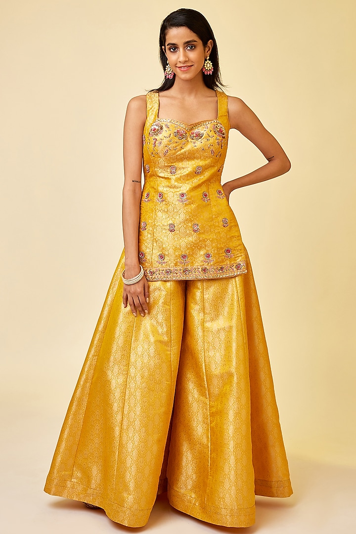Spectra Yellow Brocade Party Wear Sharara Set by Shyam Narayan Prasad at Pernia's Pop Up Shop