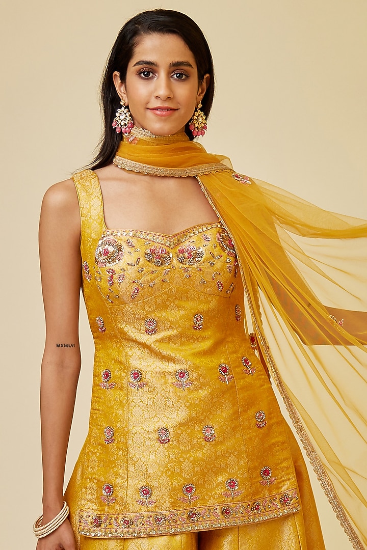 Spectra Yellow Brocade Party Wear Sharara Set by Shyam Narayan Prasad at Pernia's Pop Up Shop
