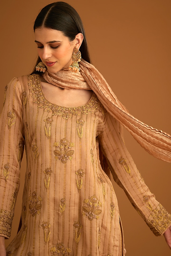 Old Rose Pink Chanderi Jacquard Embroidered Kurta Set Set by Shyam Narayan Prasad at Pernia's Pop Up Shop