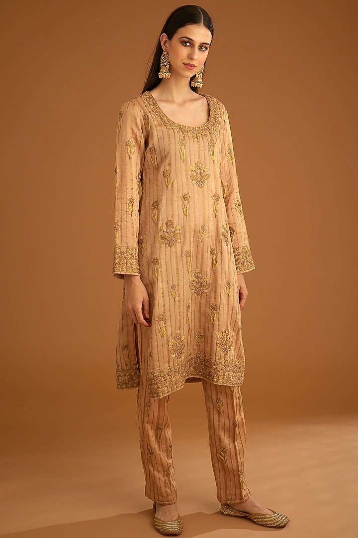 Old Rose Pink Chanderi Jacquard Embroidered Kurta Set Set by Shyam Narayan Prasad at Pernia's Pop Up Shop
