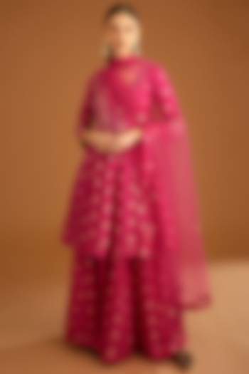 Fuchsia Pink Viscose Silk Brocade Embroidered Sharara Set by Shyam Narayan Prasad at Pernia's Pop Up Shop