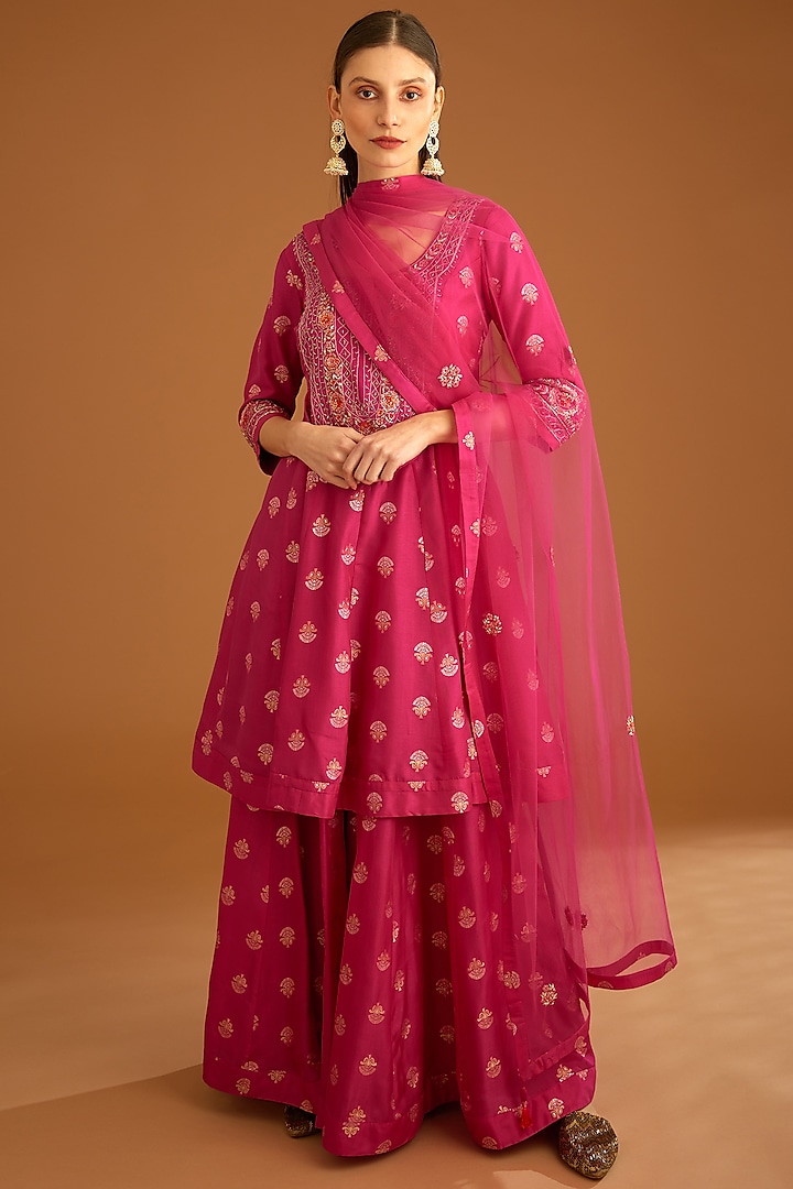 Fuchsia Pink Viscose Silk Brocade Embroidered Sharara Set by Shyam Narayan Prasad at Pernia's Pop Up Shop