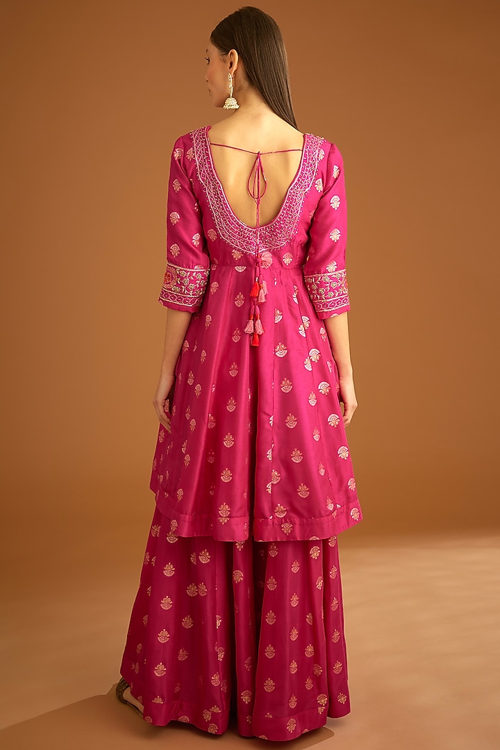 Fuchsia Pink Viscose Silk Brocade Embroidered Wedding Sharara Set by Shyam Narayan Prasad at Pernia's Pop Up Shop