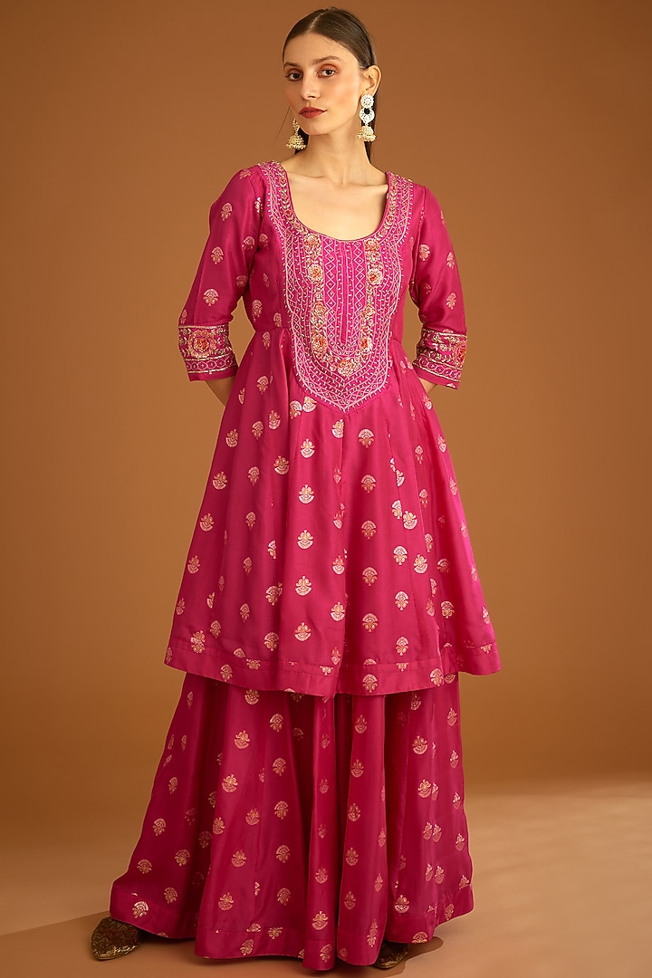 Fuchsia Pink Viscose Silk Brocade Embroidered Wedding Sharara Set by Shyam Narayan Prasad at Pernia's Pop Up Shop
