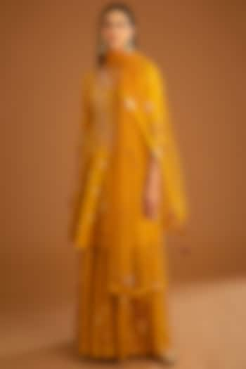 Mustard Yellow Viscose Silk Brocade Embroidered Sharara Set by Shyam Narayan Prasad at Pernia's Pop Up Shop