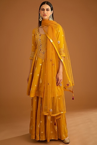 Mustard Yellow Viscose Silk Brocade Embroidered Sharara Set by Shyam Narayan Prasad