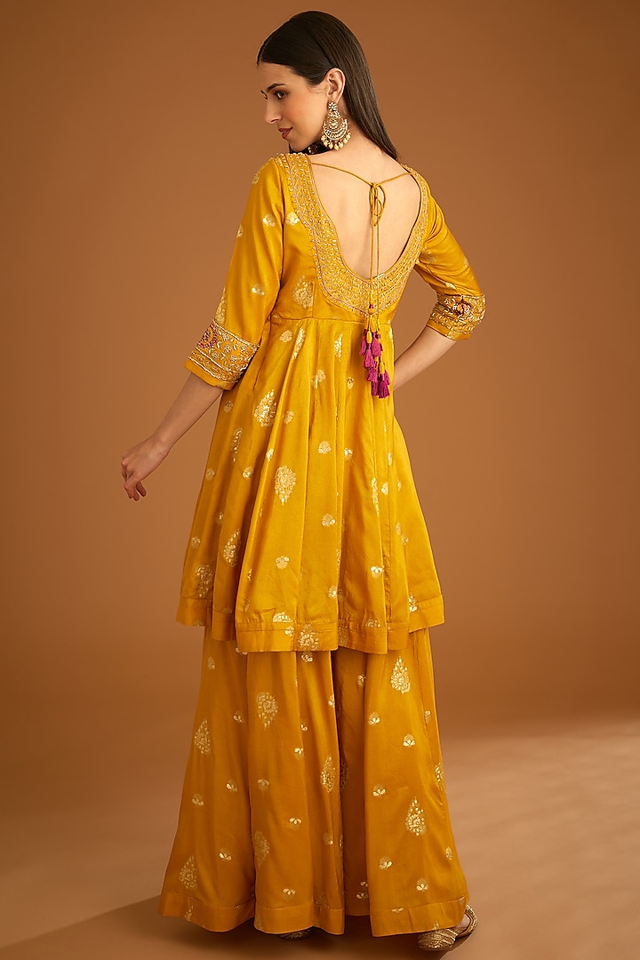 Mustard Yellow Viscose Silk Brocade Embroidered Wedding Sharara Set by Shyam Narayan Prasad at Pernia's Pop Up Shop