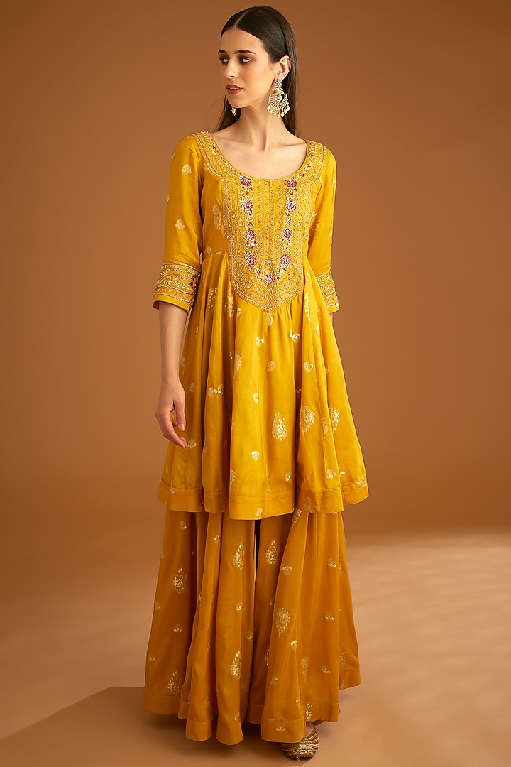 Mustard Yellow Viscose Silk Brocade Embroidered Wedding Sharara Set by Shyam Narayan Prasad at Pernia's Pop Up Shop