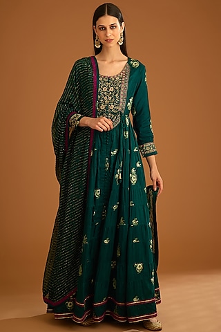 Emerald Green Cotton Satin Embroidered Anarkali Set by Shyam Narayan Prasad