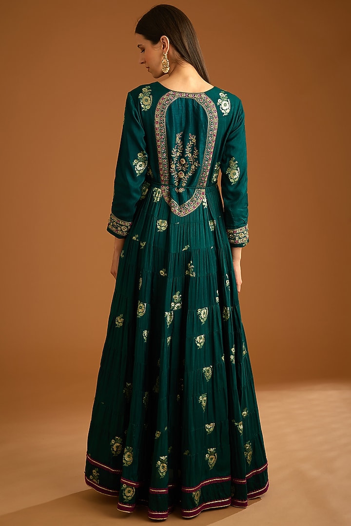 Emerald Green Cotton Satin Embroidered Wedding Anarkali Set by Shyam Narayan Prasad at Pernia's Pop Up Shop