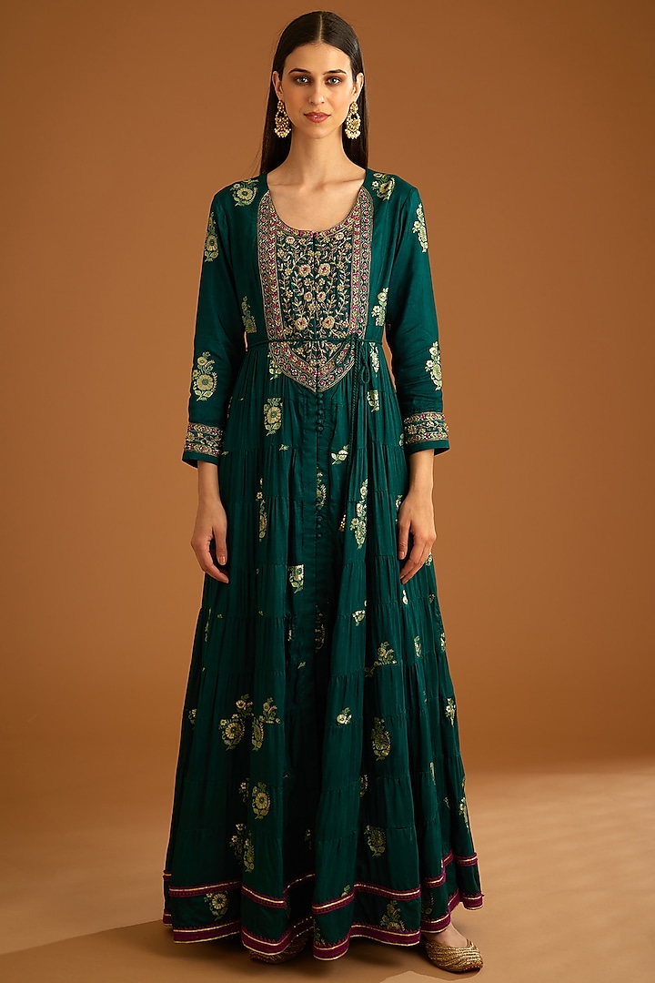 Emerald Green Cotton Satin Embroidered Wedding Anarkali Set by Shyam Narayan Prasad at Pernia's Pop Up Shop