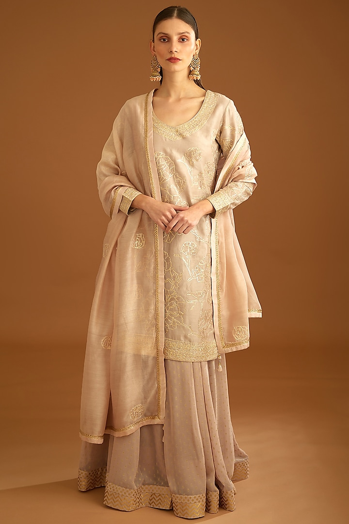 Neutral Colored Georgette Skirt Set by Shyam Narayan Prasad