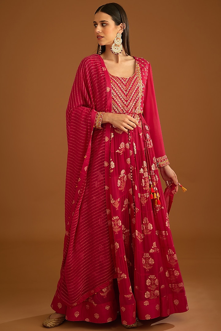 Dark Pink Georgette Jacquard Embroidered Anarkali Set by Shyam Narayan Prasad