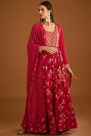 Dark Pink Georgette Jacquard Embroidered Anarkali Set by Shyam Narayan Prasad
