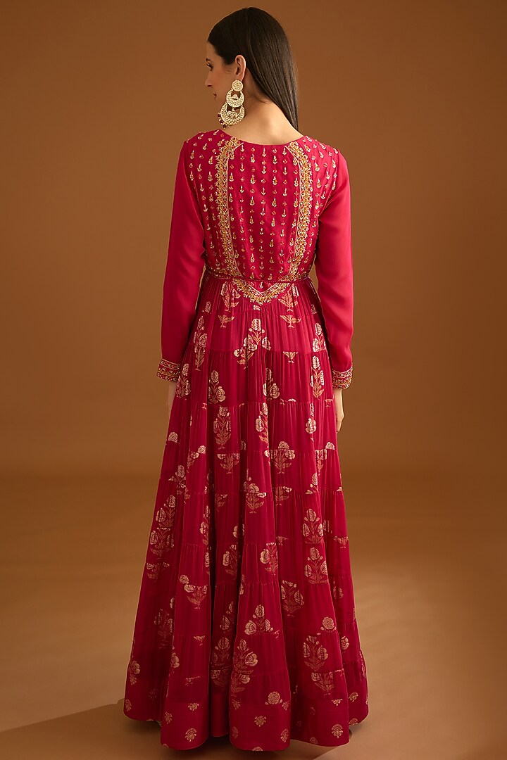 Dark Pink Georgette Jacquard Embroidered Wedding Anarkali Set by Shyam Narayan Prasad at Pernia's Pop Up Shop