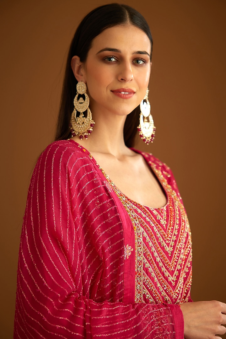 Dark Pink Georgette Jacquard Embroidered Wedding Anarkali Set by Shyam Narayan Prasad at Pernia's Pop Up Shop