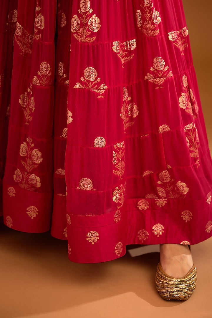 Dark Pink Georgette Jacquard Embroidered Wedding Anarkali Set by Shyam Narayan Prasad at Pernia's Pop Up Shop