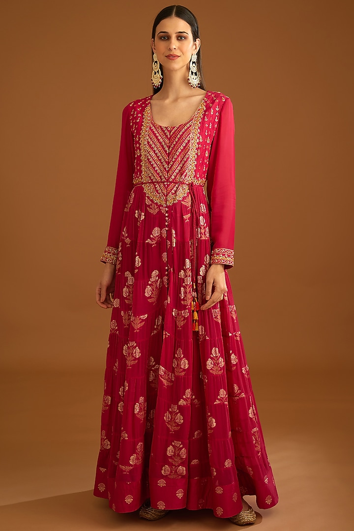 Dark Pink Georgette Jacquard Embroidered Wedding Anarkali Set by Shyam Narayan Prasad at Pernia's Pop Up Shop