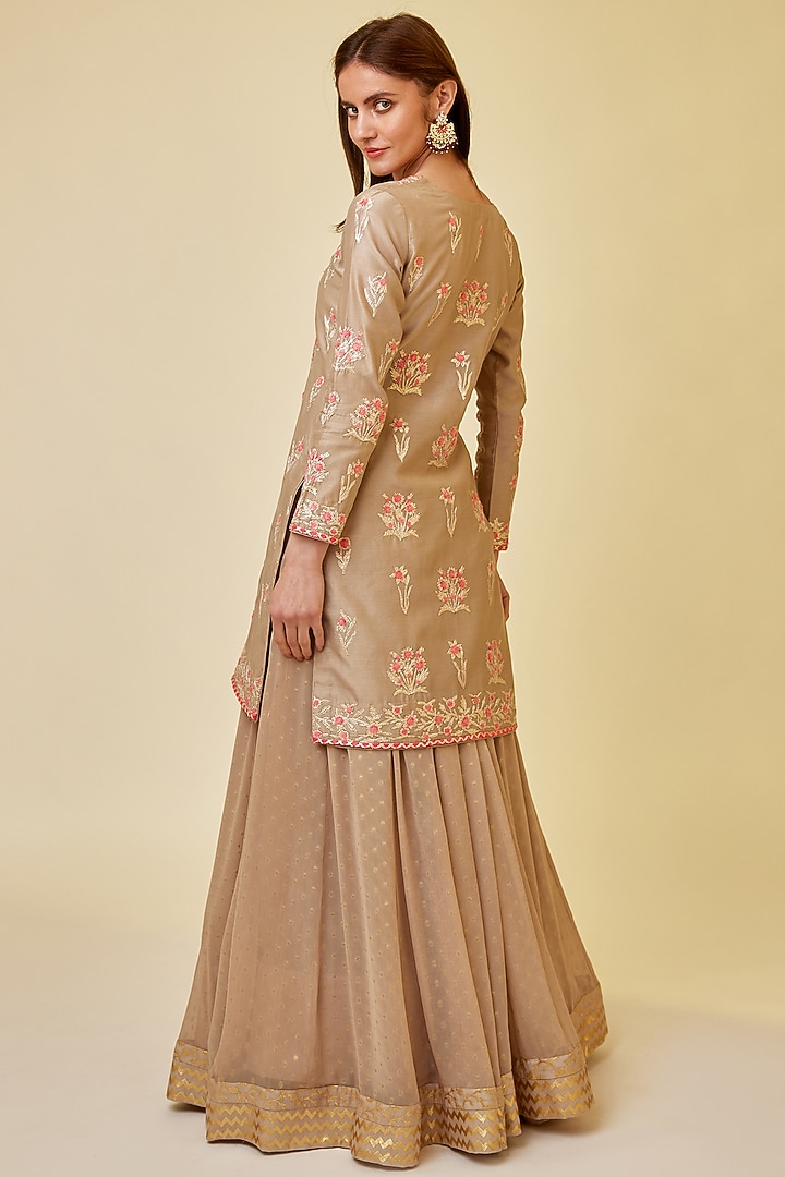 Pebble Neutral Colored Silk Chanderi Embroidered Skirt Set by Shyam Narayan Prasad at Pernia's Pop Up Shop