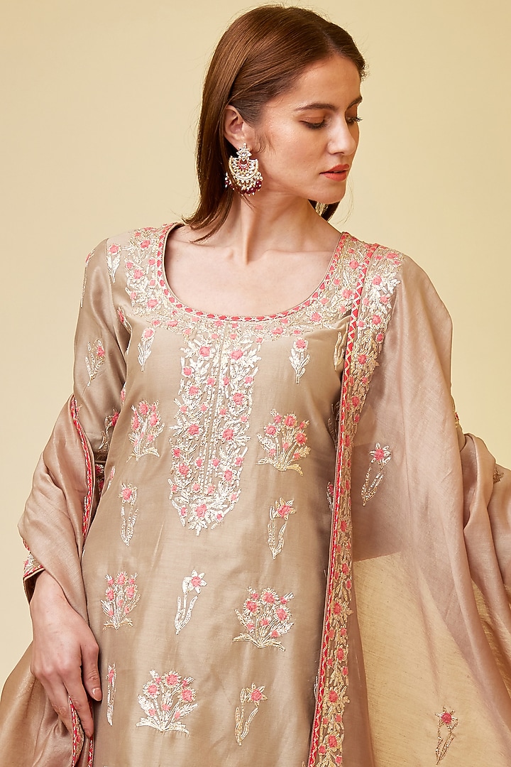 Pebble Neutral Colored Silk Chanderi Embroidered Skirt Set by Shyam Narayan Prasad at Pernia's Pop Up Shop