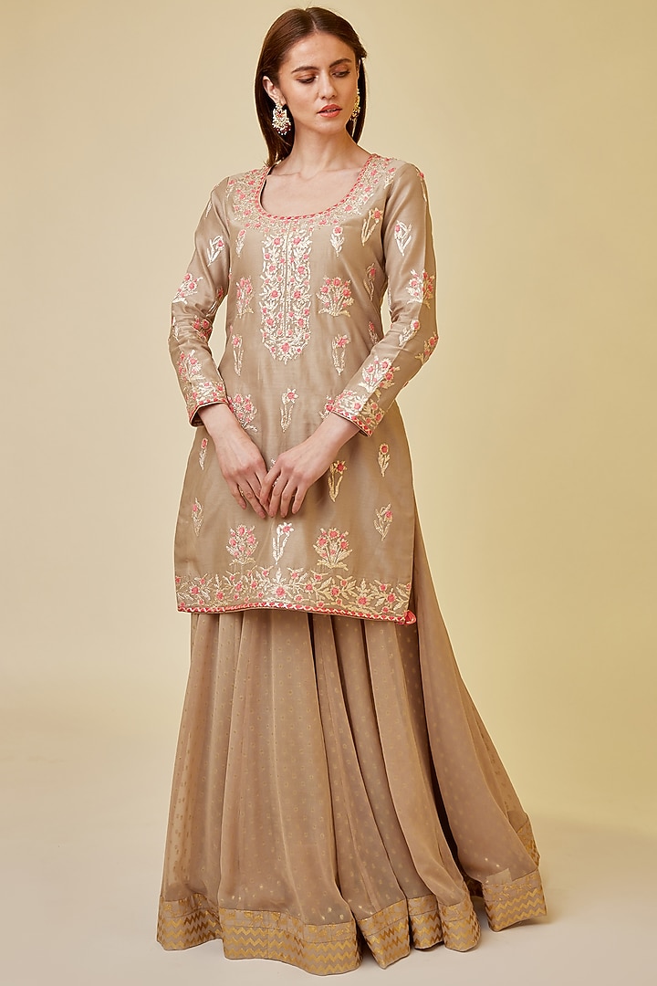 Pebble Neutral Colored Silk Chanderi Embroidered Skirt Set by Shyam Narayan Prasad at Pernia's Pop Up Shop