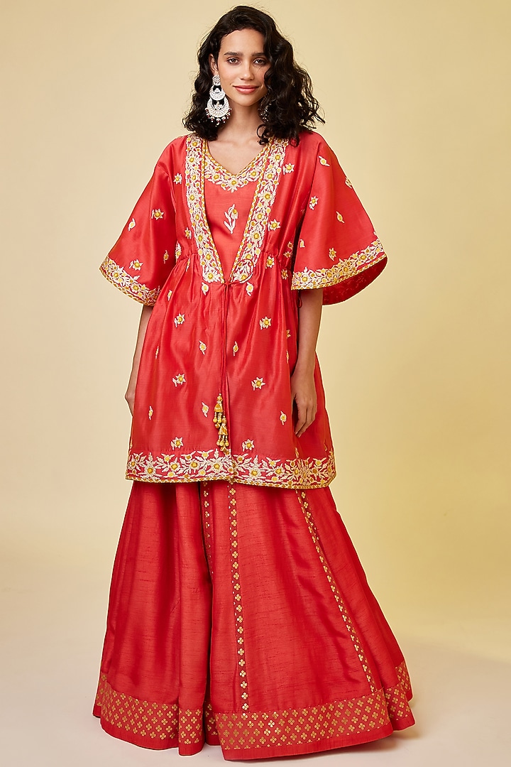 Spicy Orange Chanderi Silk Embroidered Kurta Set by Shyam Narayan Prasad at Pernia's Pop Up Shop