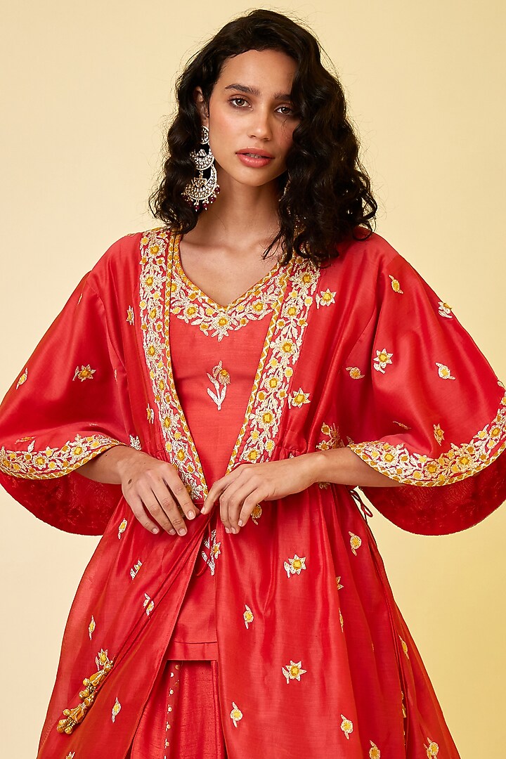Spicy Orange Chanderi Silk Embroidered Kurta Set by Shyam Narayan Prasad at Pernia's Pop Up Shop