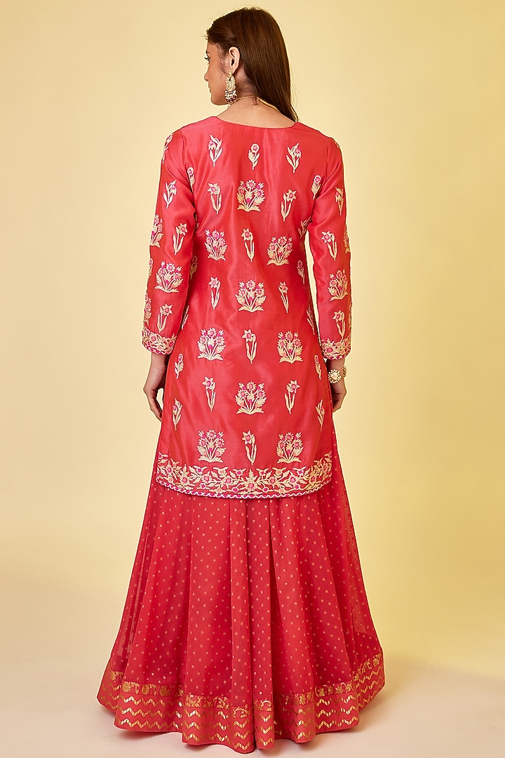 Scarlet Red Silk Chanderi Embroidered Skirt Set by Shyam Narayan Prasad at Pernia's Pop Up Shop