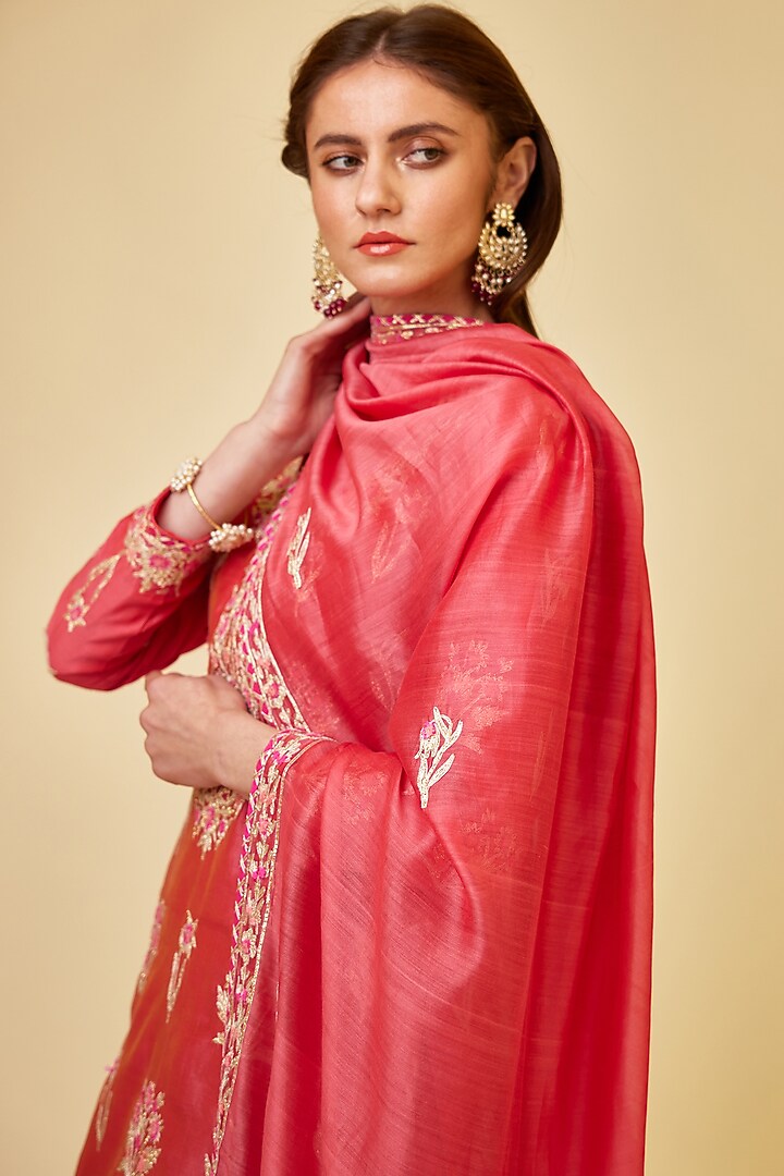 Scarlet Red Silk Chanderi Embroidered Skirt Set by Shyam Narayan Prasad at Pernia's Pop Up Shop