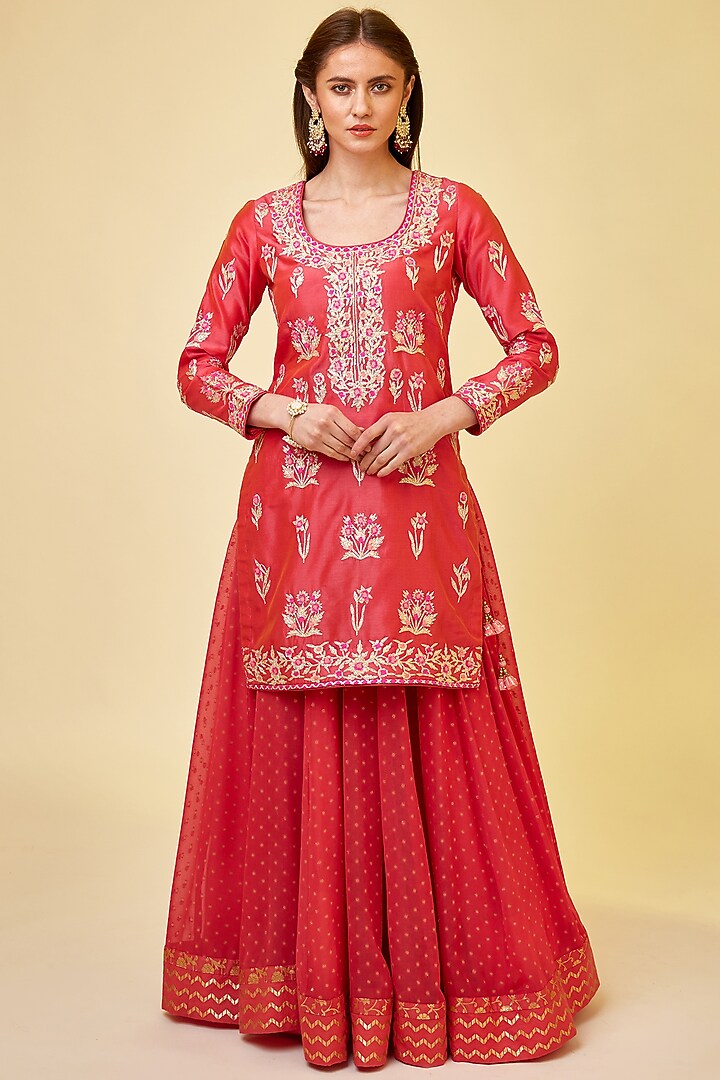 Scarlet Red Silk Chanderi Embroidered Skirt Set by Shyam Narayan Prasad at Pernia's Pop Up Shop