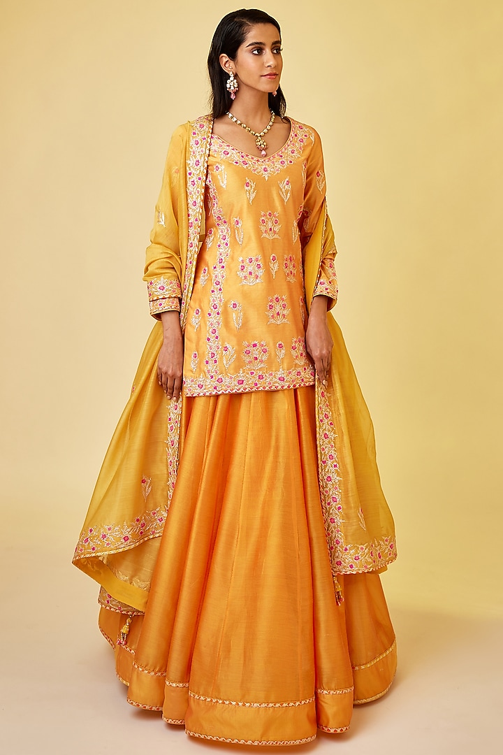 Saffron Orange Silk Chanderi Embroidered Skirt Set by Shyam Narayan Prasad