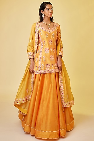 Saffron Orange Silk Chanderi Embroidered Skirt Set by Shyam Narayan Prasad