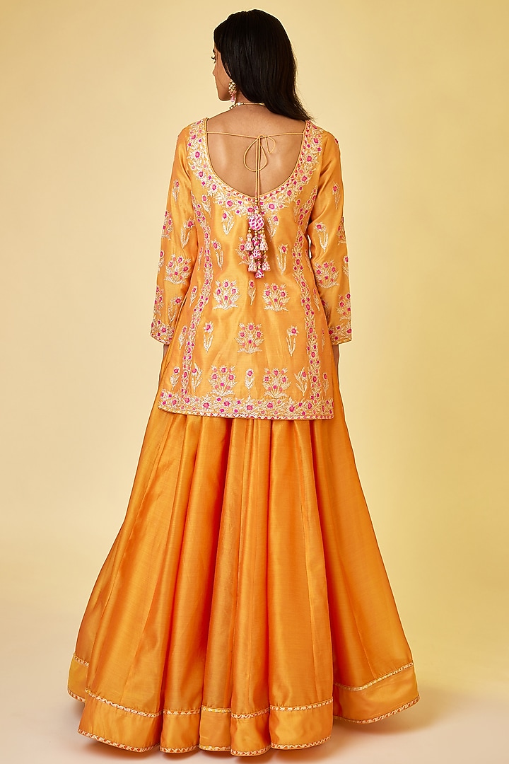 Saffron Orange Silk Chanderi Embroidered Skirt Set by Shyam Narayan Prasad at Pernia's Pop Up Shop