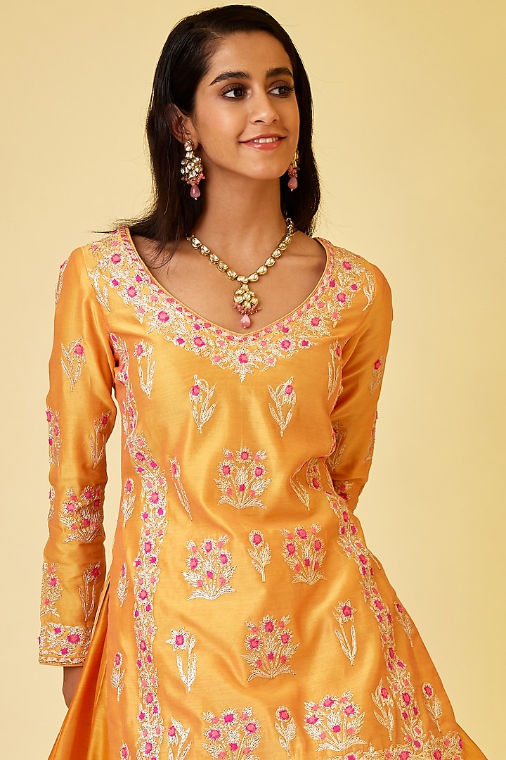 Saffron Orange Silk Chanderi Embroidered Skirt Set by Shyam Narayan Prasad at Pernia's Pop Up Shop