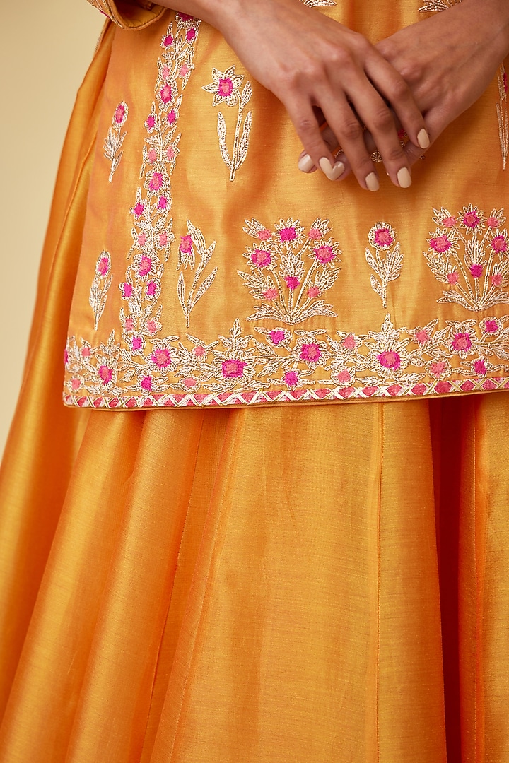 Saffron Orange Silk Chanderi Embroidered Skirt Set by Shyam Narayan Prasad at Pernia's Pop Up Shop
