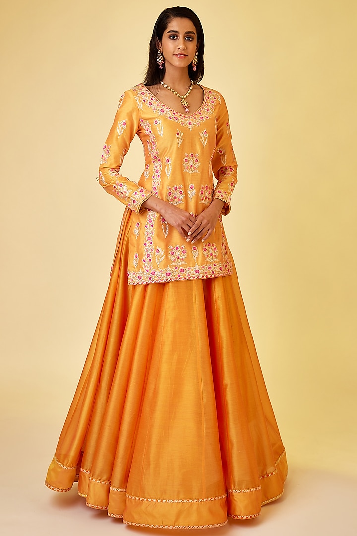 Saffron Orange Silk Chanderi Embroidered Skirt Set by Shyam Narayan Prasad at Pernia's Pop Up Shop