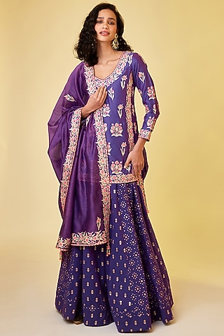 Purple Pink Silk Chanderi Embroidered Skirt Set by Shyam Narayan Prasad