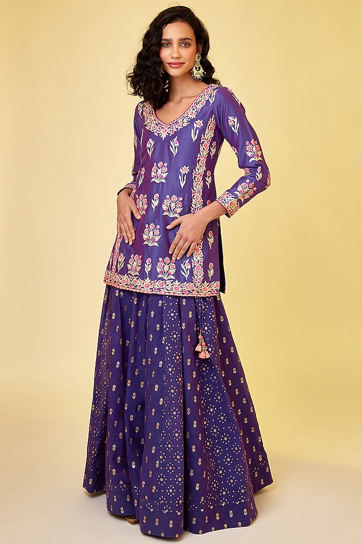 Purple Pink Silk Chanderi Embroidered Skirt Set by Shyam Narayan Prasad at Pernia's Pop Up Shop