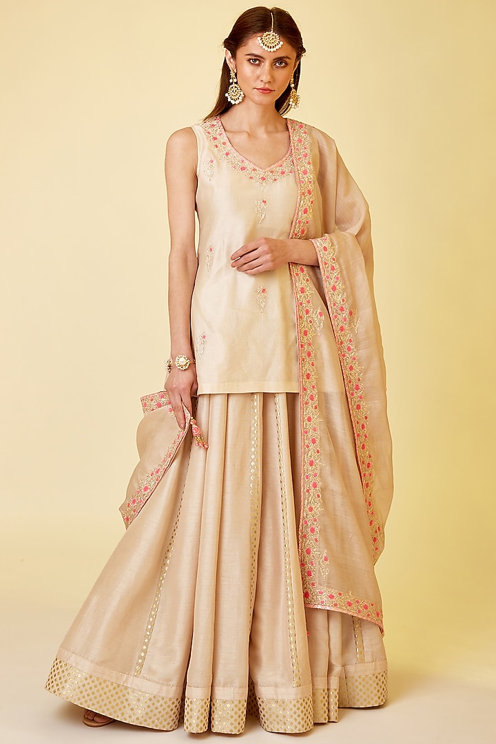 Angora White Chanderi Silk Embroidered Skirt Set by Shyam Narayan Prasad