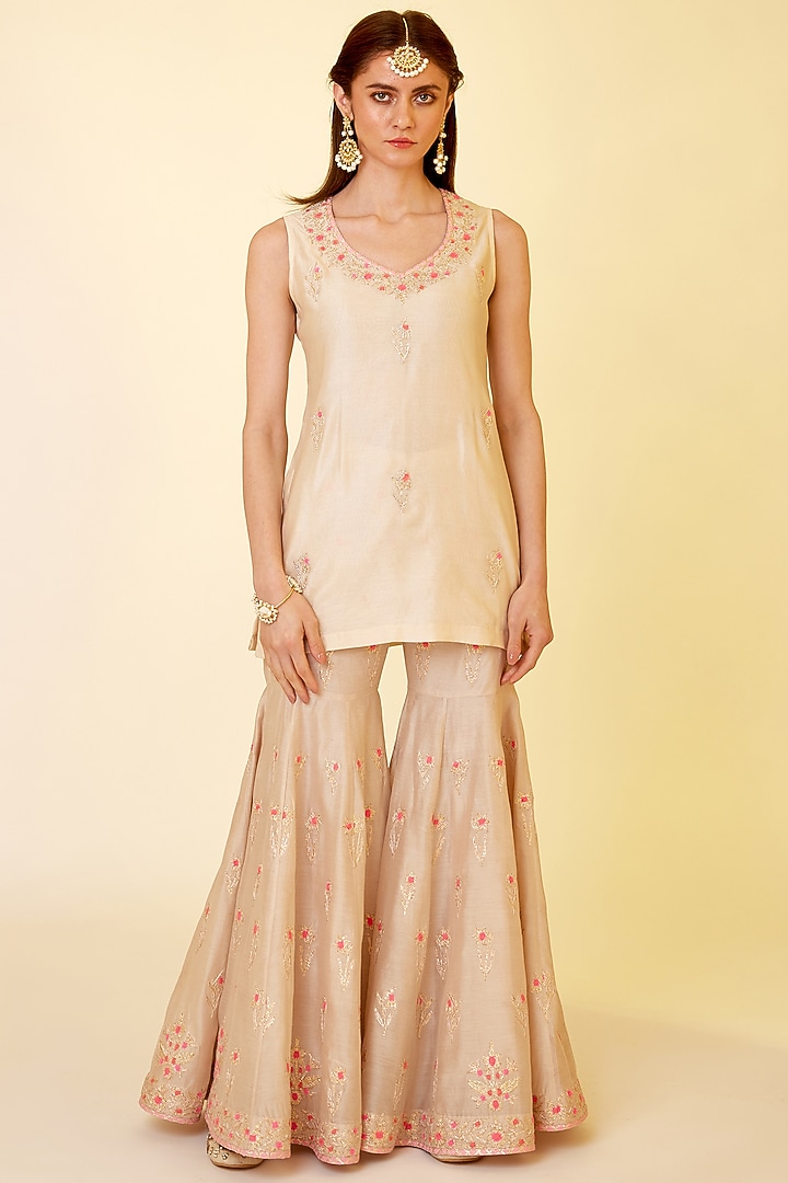 Angora White Chanderi Silk Embroidered Wedding Sharara Set by Shyam Narayan Prasad at Pernia's Pop Up Shop