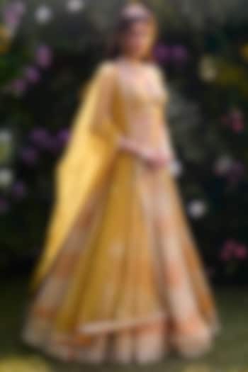 Apricot Yellow Raw Silk Zari Dori Embroidered Wedding Lehenga Set by Shyam Narayan Prasad at Pernia's Pop Up Shop