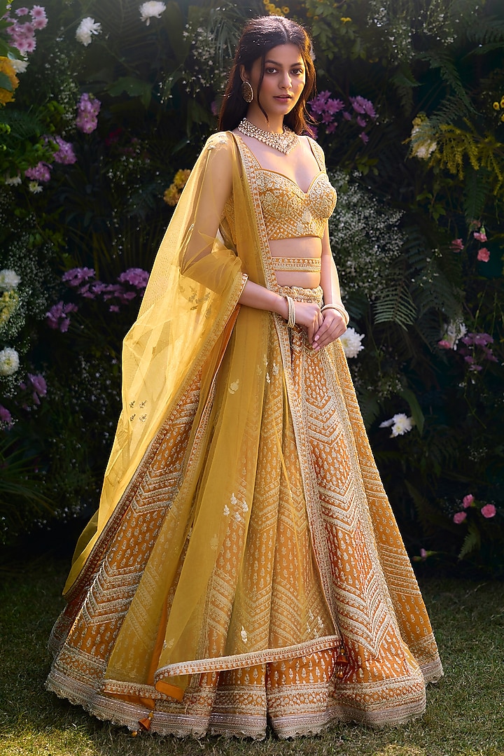 Apricot Yellow Raw Silk Zari Dori Embroidered Wedding Lehenga Set by Shyam Narayan Prasad at Pernia's Pop Up Shop