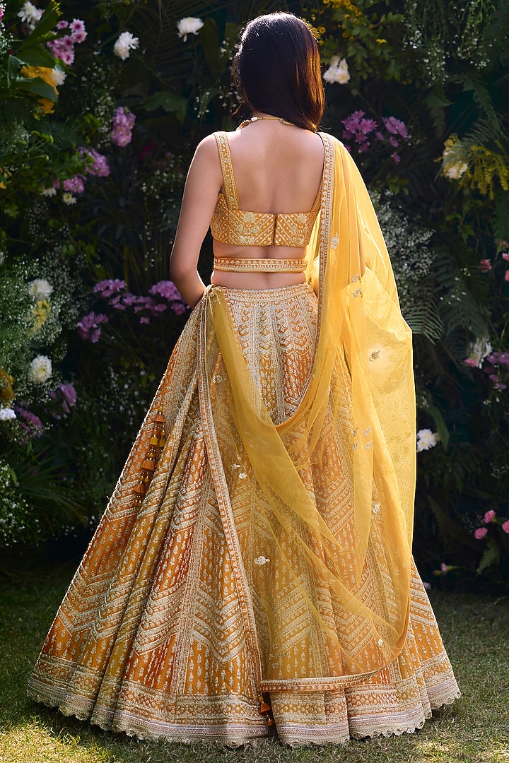 Apricot Yellow Raw Silk Zari Dori Embroidered Wedding Lehenga Set by Shyam Narayan Prasad at Pernia's Pop Up Shop